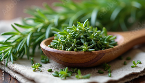 Fresh Thyme and Rosemary Herbs on Wooden Spoon,  , Herbal tea picking 