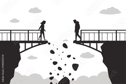 17 Surreal bridge breaking apart, two silhouettes standing on edges, floating rocks falling, cloudy sky background, black and white image, metaphorical separation, dreamlike atmosphere, minimalist com