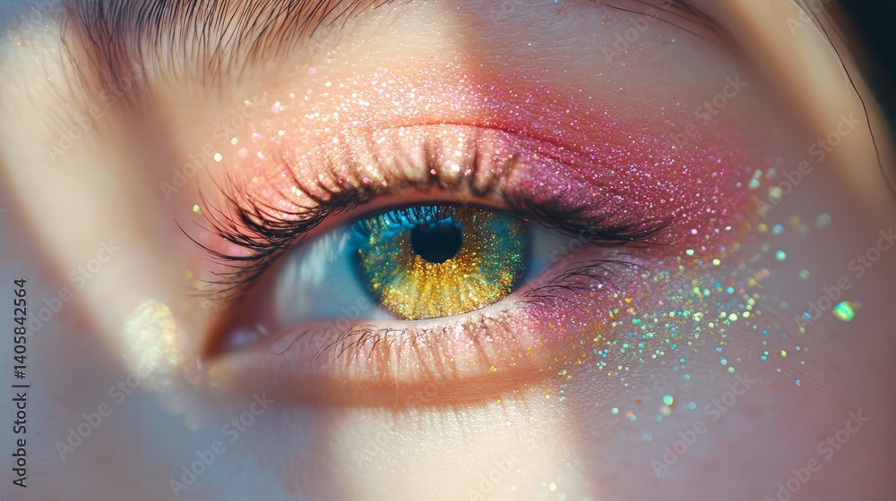 Close-up of a glittery green eye with sparkling pink eyeshadow and eyelashes Close-up of a glittery green eye with sparkling pink eyeshadow and eyelashes