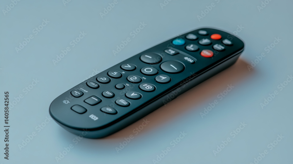 Black remote control with buttons for video, audio, and channel selection on a white background. Isolated photograph of a TV controller in a gray color. Black remote control with buttons for video, audio, and channel selection on a white background. Isolated photograph of a TV controller in a gray color.