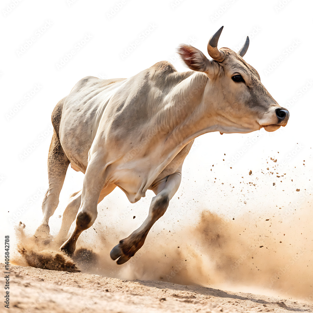 Fototapeta premium A Cow Kicking Up Dust as It Runs Excitedly, Its Hooves Thundering Across the Ground