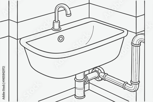 18 White porcelain sink, curved faucet, minimalist bathroom fixture, plumbing pipes, wall-mounted, clean design, modern aesthetic, stainless steel hardware, bathroom interior, high-contrast image, det