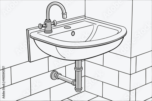 18 White porcelain sink, curved faucet, minimalist bathroom fixture, plumbing pipes, wall-mounted, clean design, modern aesthetic, stainless steel hardware, bathroom interior, high-contrast image, det