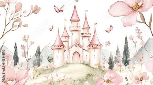 Royal fantasy castle princess charm watercolor pink dream magic childhood illustration fairy tale