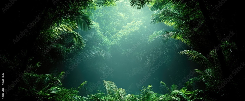 Fototapeta premium Lush, green jungle canopy under a soft, bright, diffused light, dense with foliage