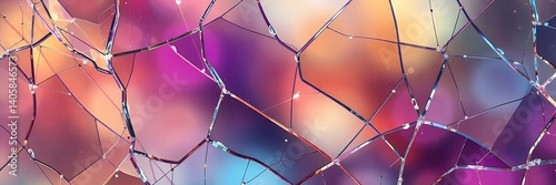 A close up view of shattered glass with a colorful blurred background showing through the cracks