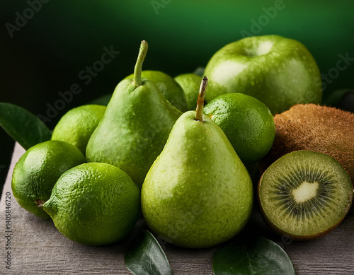 juicy green fruits apples kiwis limes pear