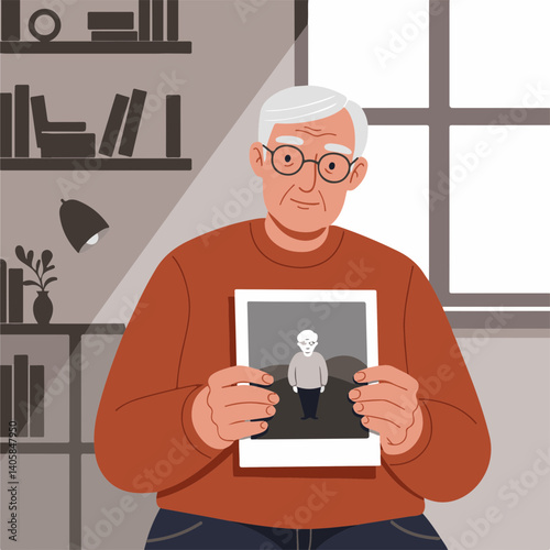 Elderly man holding old photo while sitting in cozy living room