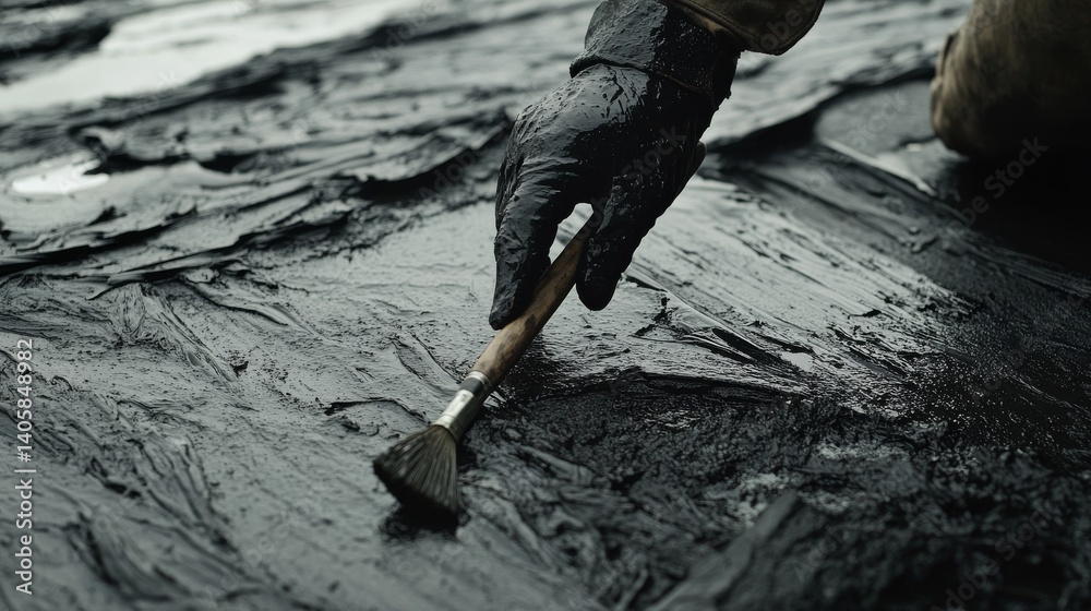 Obraz premium Roofing worker applying tar to seal a roof. Featuring expertise and focus