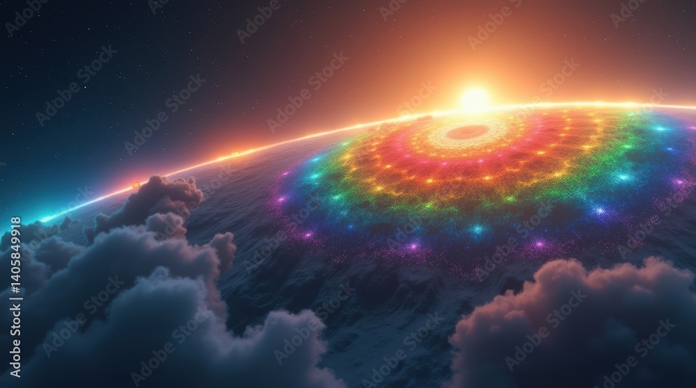 Fototapeta premium Global love day celebration earth view vibrant rainbow patterns cosmic landscape aesthetic perspective