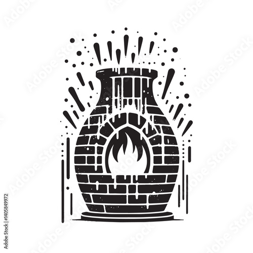 Abstract artistic rendition of a kiln with flame stencil illustration
