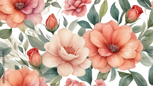 Seamless pattern with watercolor flowers. Hand-drawn illustration.