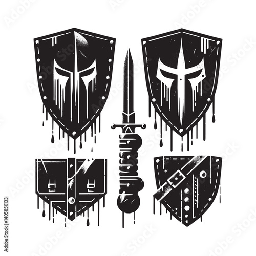 Abstract black and white grunge stylized medieval weaponry illustration