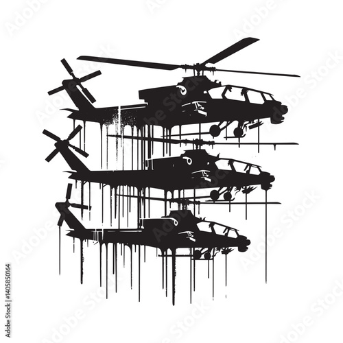 Abstract black and white helicopters, grungy stencil vector illustration