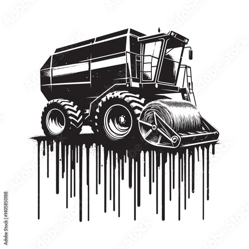 Abstract black and white hay baler illustration with dripping paint effect