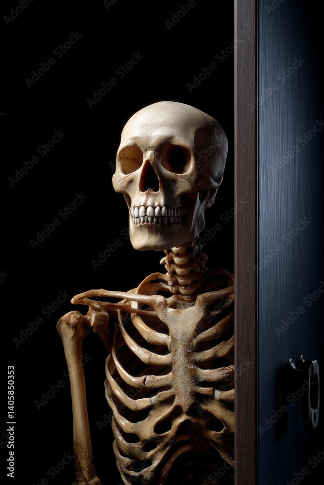 A skeleton is standing in front of a door. The skeleton is looking out of the door, and the door is closed. Scene is eerie and mysterious A skeleton is standing in front of a door. The skeleton is looking out of the door, and the door is closed. Scene is eerie and mysterious