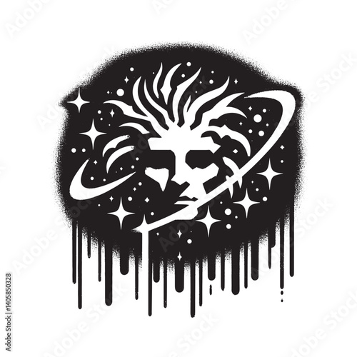Abstract celestial figure with cosmic halo and dripping monochrome design
