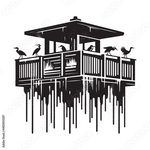 Abstract depiction of a bird watching structure with black dripping paint
