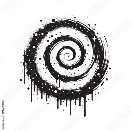 Abstract cosmic vortex created with dripping black spray paint effects