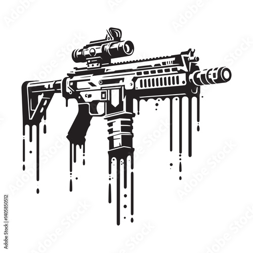 Abstract depiction of modern assault rifle in dripping stencil vector style