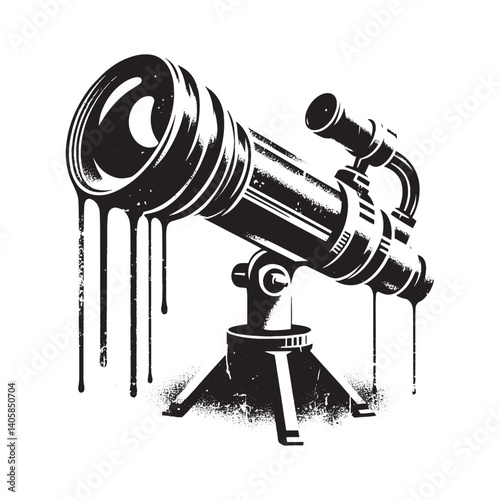Abstract dripping telescope illustration in monochrome artistic style