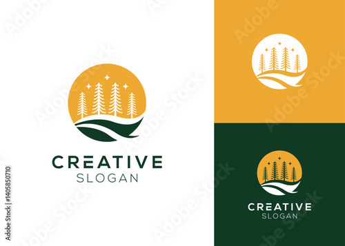 Nature logo design with pine trees and landscape