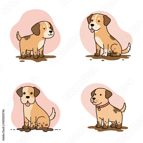 Playful dog with muddy paws in four adorable poses on a light background. A set of four vector images