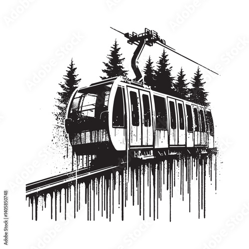 Abstract funicular transport through monochrome forest in stencil style
