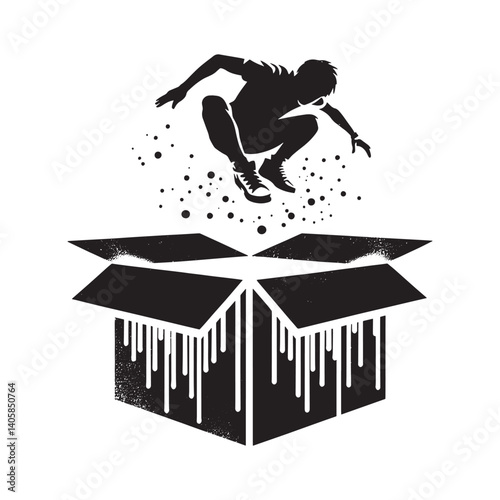 Abstract freedom concept featuring a person jumping out of a box cutout