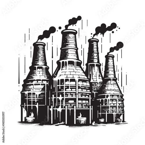 Abstract grunge illustration of industrial kilns with dripping effect design
