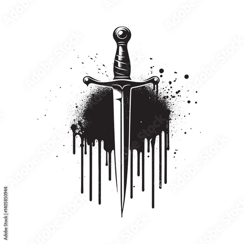Abstract grunge stencil art of a rapier with spray paint effect on white