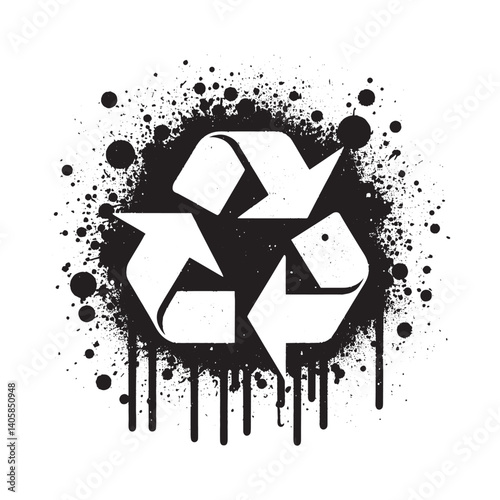 Abstract grunge recycle symbol illustration with splatters and drips