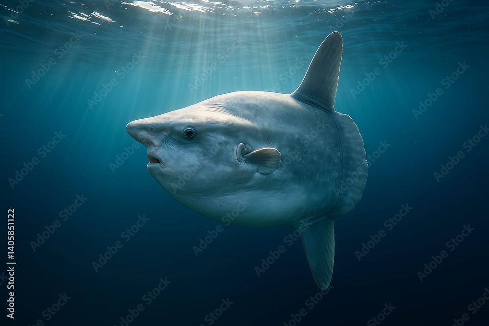 Naklejka premium Ocean sunfish Mola mola swimming near sunlit surface of open ocean in photorealistic scene