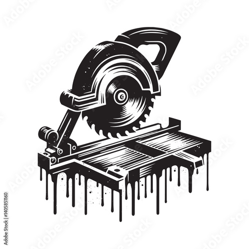 Abstract illustration of a miter saw with dripping paint in monochrome