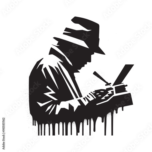 Abstract Illustration of a Writer in Black Stencil Style with Dripping Paint