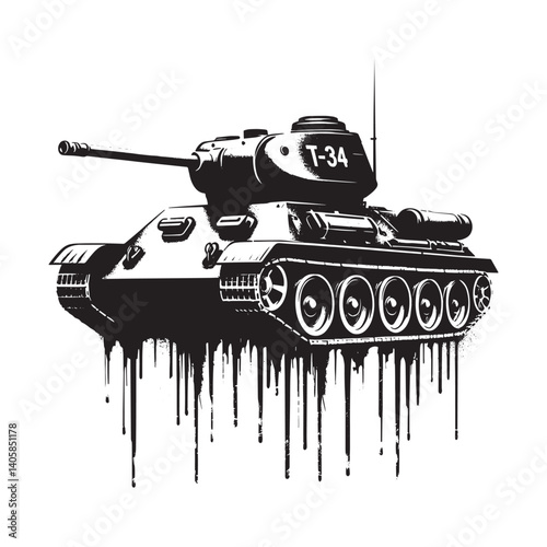 Abstract illustration of a T-34 tank with dripping paint effect, bold design