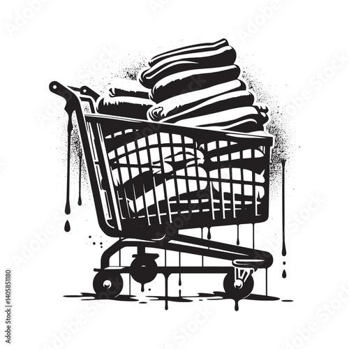 Abstract Illustration of Laundry Cart with Linen in Drip Art Grunge Style