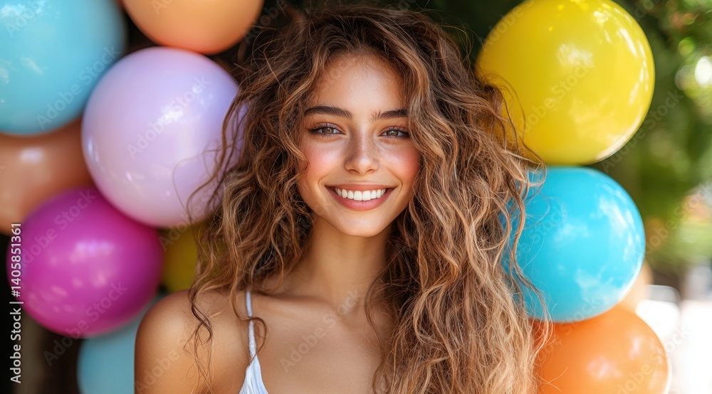 Obraz premium Joyful Woman with Curly Hair Celebrates amidst Colorful Balloons