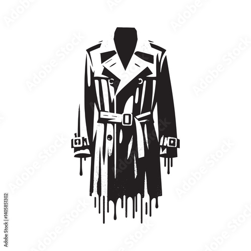 Abstract Minimalist Black and White Trench Coat with Dripping Paint Effect