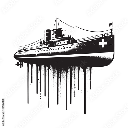 Abstract monochromatic vector design of a vintage U-boat dripping like spray paint