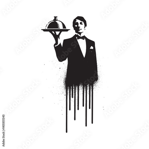 Abstract modern waiter silhouette with serving tray in dripping grunge style