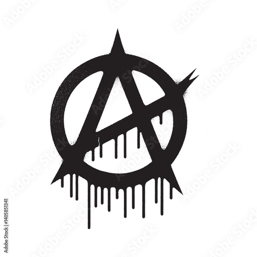Abstract monochrome anarchy symbol with spray paint drips and gritty textures