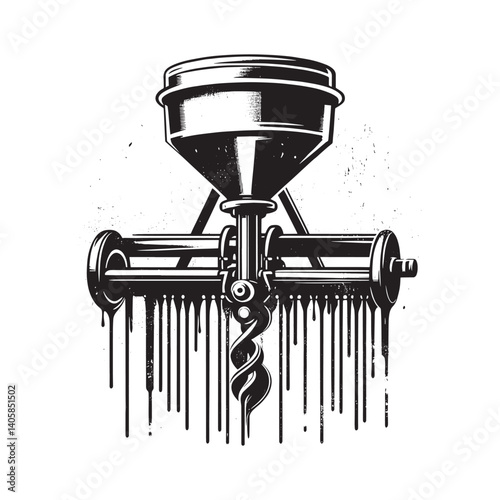 Abstract monochrome illustration of a seed drill with grunge elements