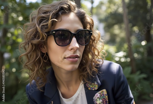 Woman in Sunglasses: A young woman with captivating eyes,  sun-kissed skin, and cascading waves of curls  is seen wearing sleek sunglasses.  She exudes a confidence and grace.