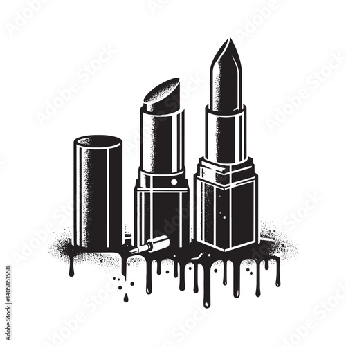 Abstract monochrome lipstick composition with grunge drips and isolated elements
