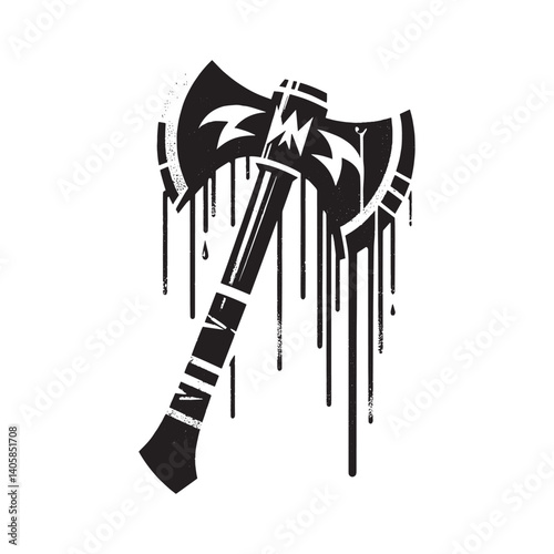 Abstract monochrome tomahawk illustration with dripping paint effect on white