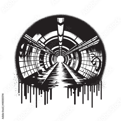 Abstract monochrome tunnel illustration with urban decay aesthetics
