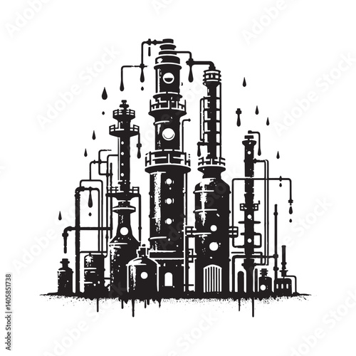 Abstract Oil Refinery Silhouette in Grunge Stencil Vector Style Artwork