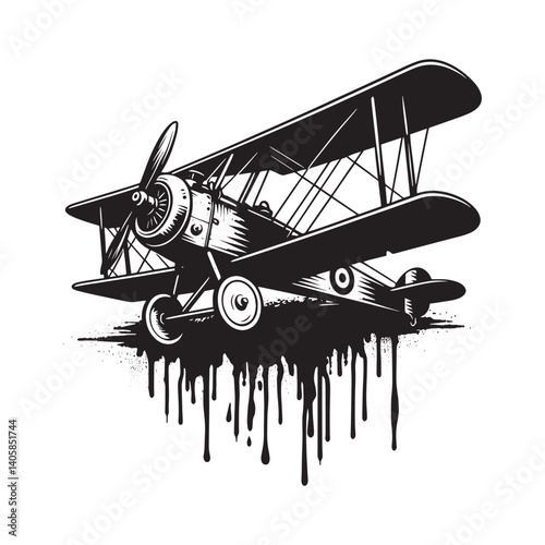 Abstract monochrome vector illustration of vintage biplane design with drips