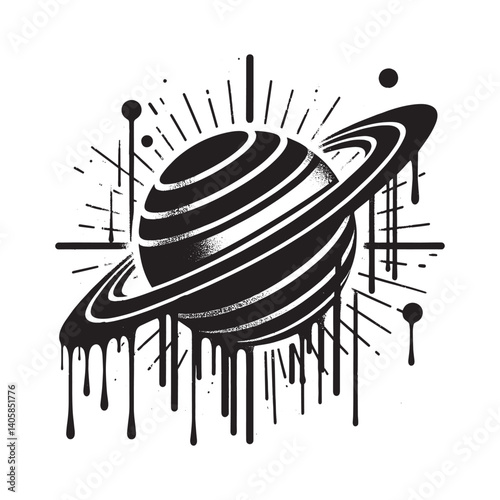 Abstract planetary rings in monochrome with dripping paint and grunge texture
